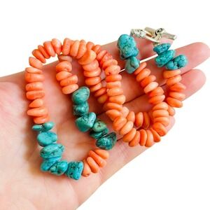 VTG BOHO Blue Turquoise Pink Coral Necklace Stone Beaded Collar Summery 69g 18"